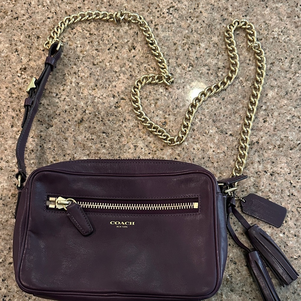 Coach Dark Purple Leather Crossbody Bag with Gold Chain